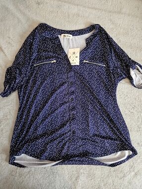 Blue Mood Navy Blue Polka Dot Button-Front Womens Top XL